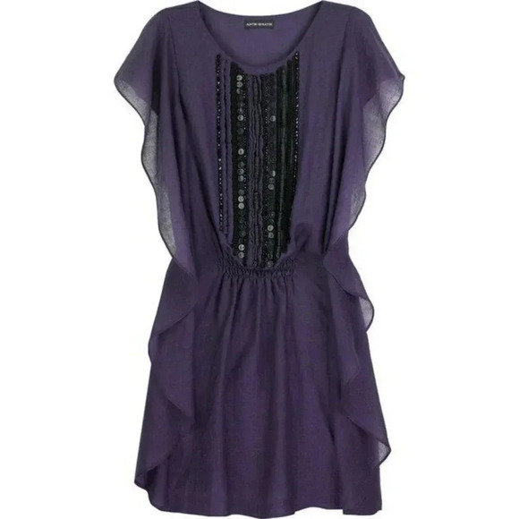 Antik Batik Embellished Draped Ruffle Wool Boho Mini Dress Purple Size Small. - Picture 1 of 16